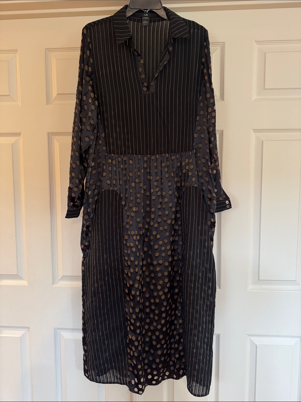Ruti Polka Dot & Pinstripe Maxi Dress, Size 3, US 10/12, Color Black/Brown/Gray
